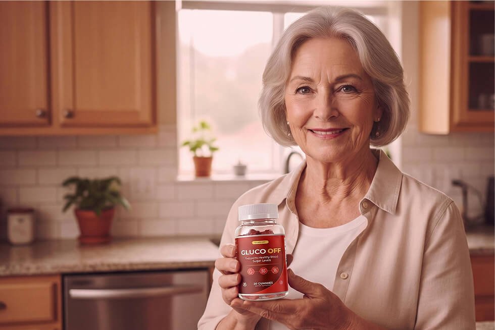 Woman holding GlucoOff bottle smiling